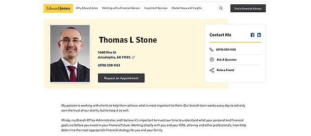 Screenshot of financial advisor profile page