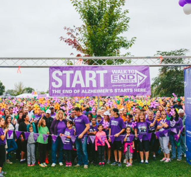 A group of people about to start a Walk to End Alzheimers