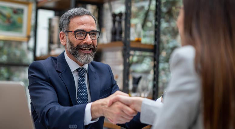 Professional male shaking female hand.